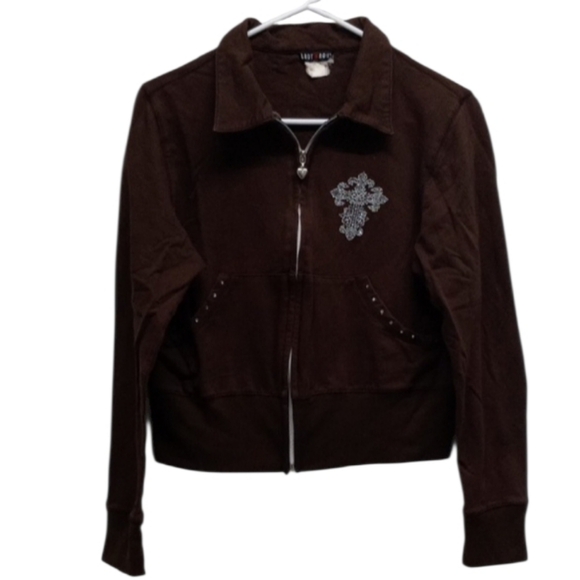 Jackets & Blazers - Y2K Brown Silver Bling Cross Cropped Silver Heart Zipper Full Zip Up Jacket